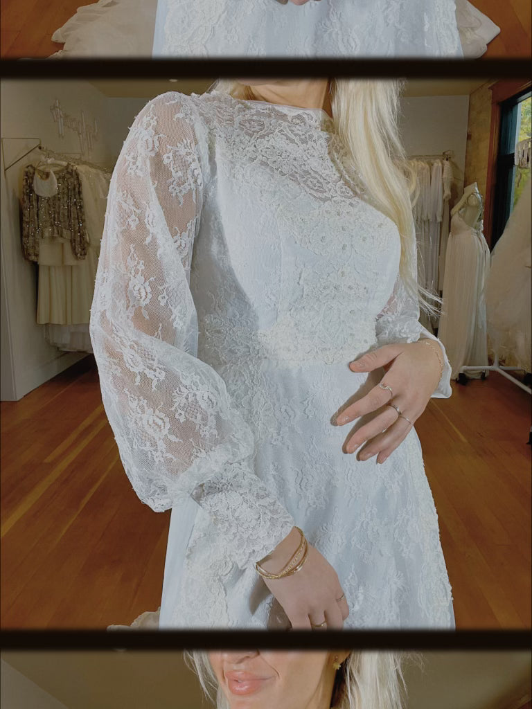 1970s Pearl Illusion White Chiffon/Lace Gown